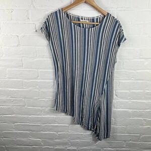 Max Studio Womens Asymmetric Hem Blouse Top Round Neck Striped Blue/White SZ M